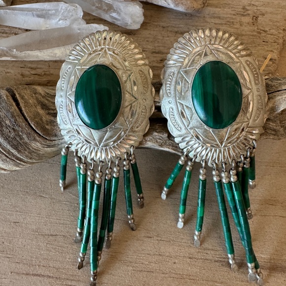 Handmade vintage Sterling malachite earrings - Picture 3 of 10